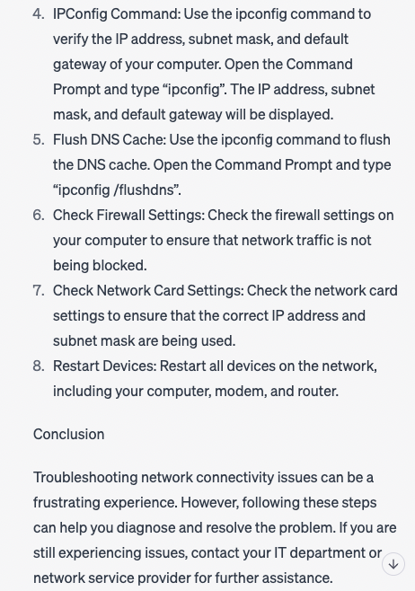 ChatGPT for customer service: Response to a prompt to create a troubleshooting guide