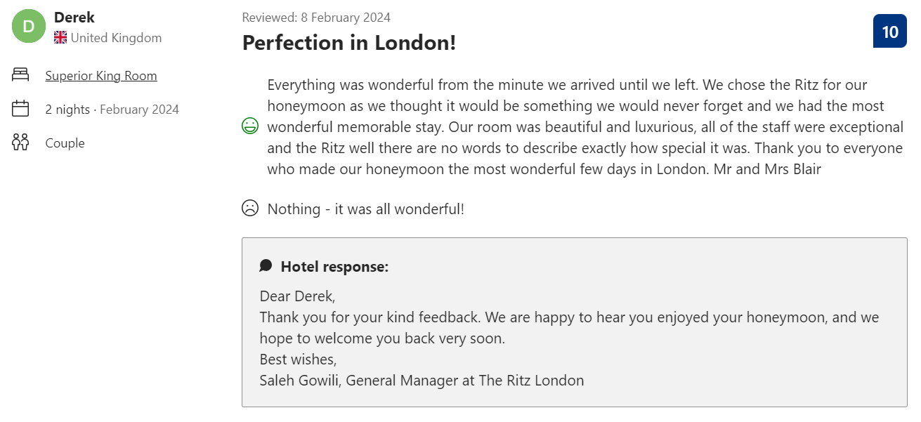 Hospitality good review example