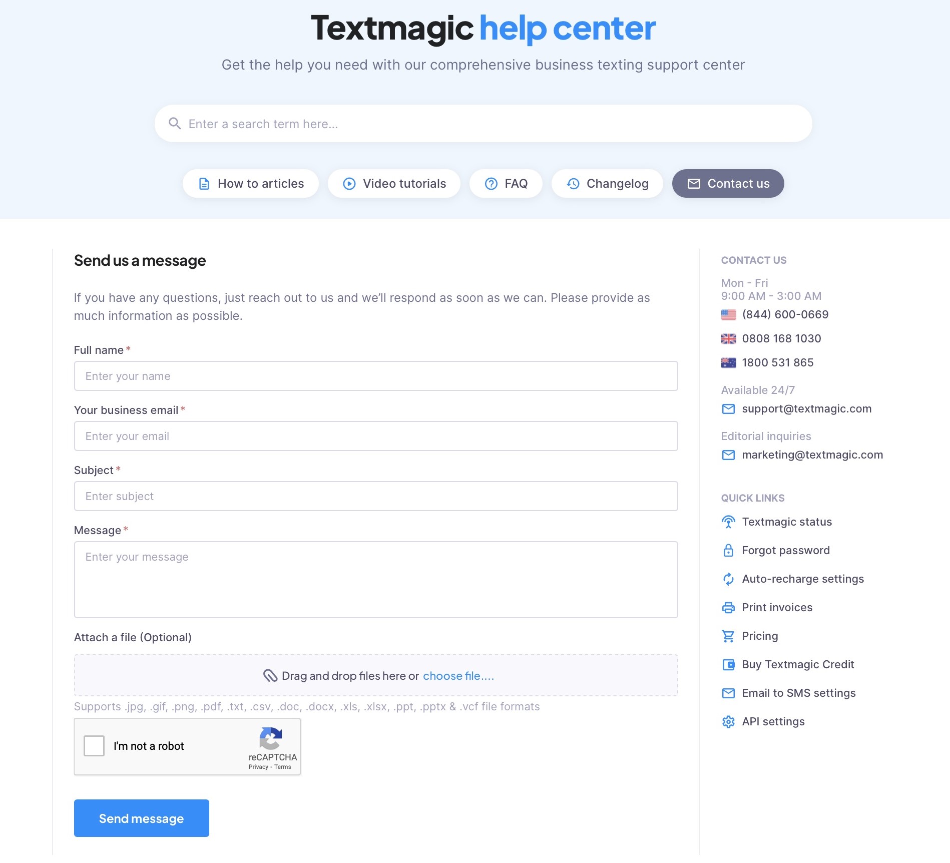 Textmagic help center - Contact us page