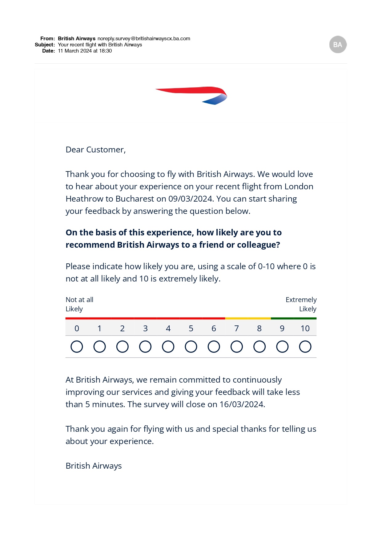 British Airways - example of good customer service