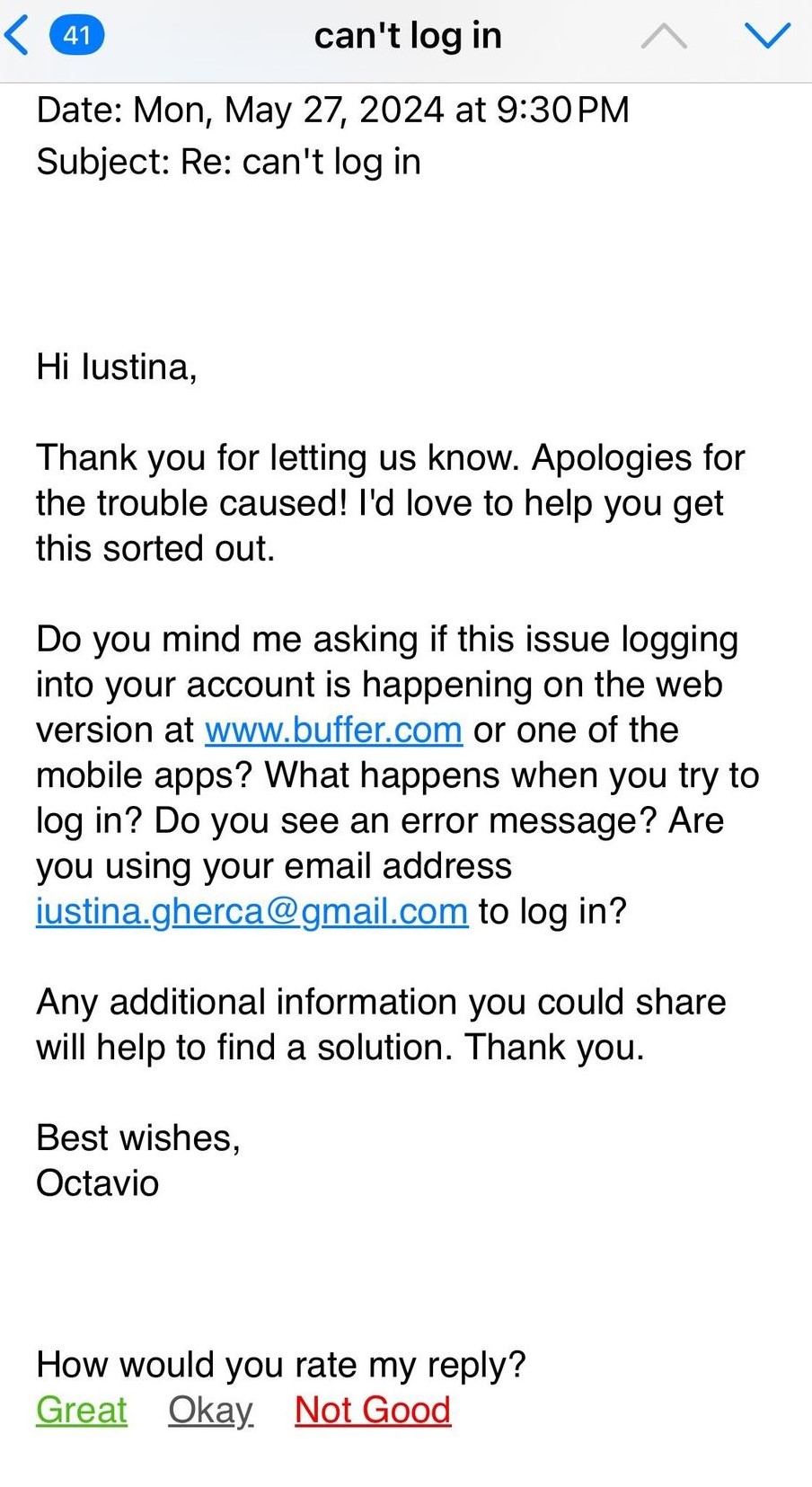 Buffer - example of good customer service