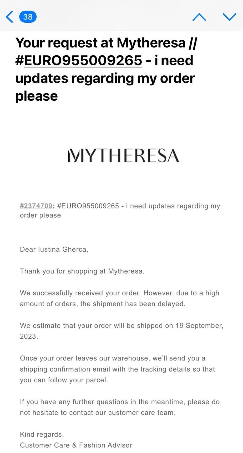 MyTheresa - example of good customer service