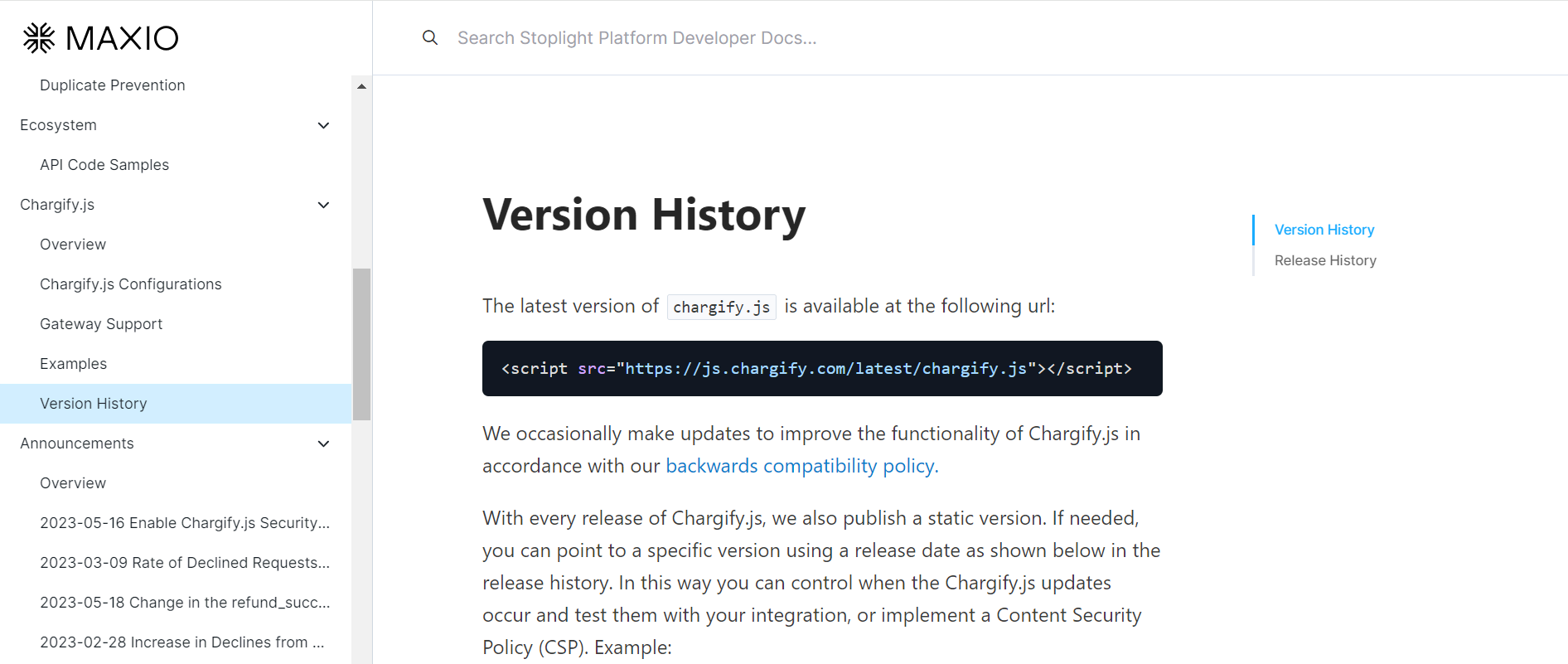 Screenshot of the Chargify changelog