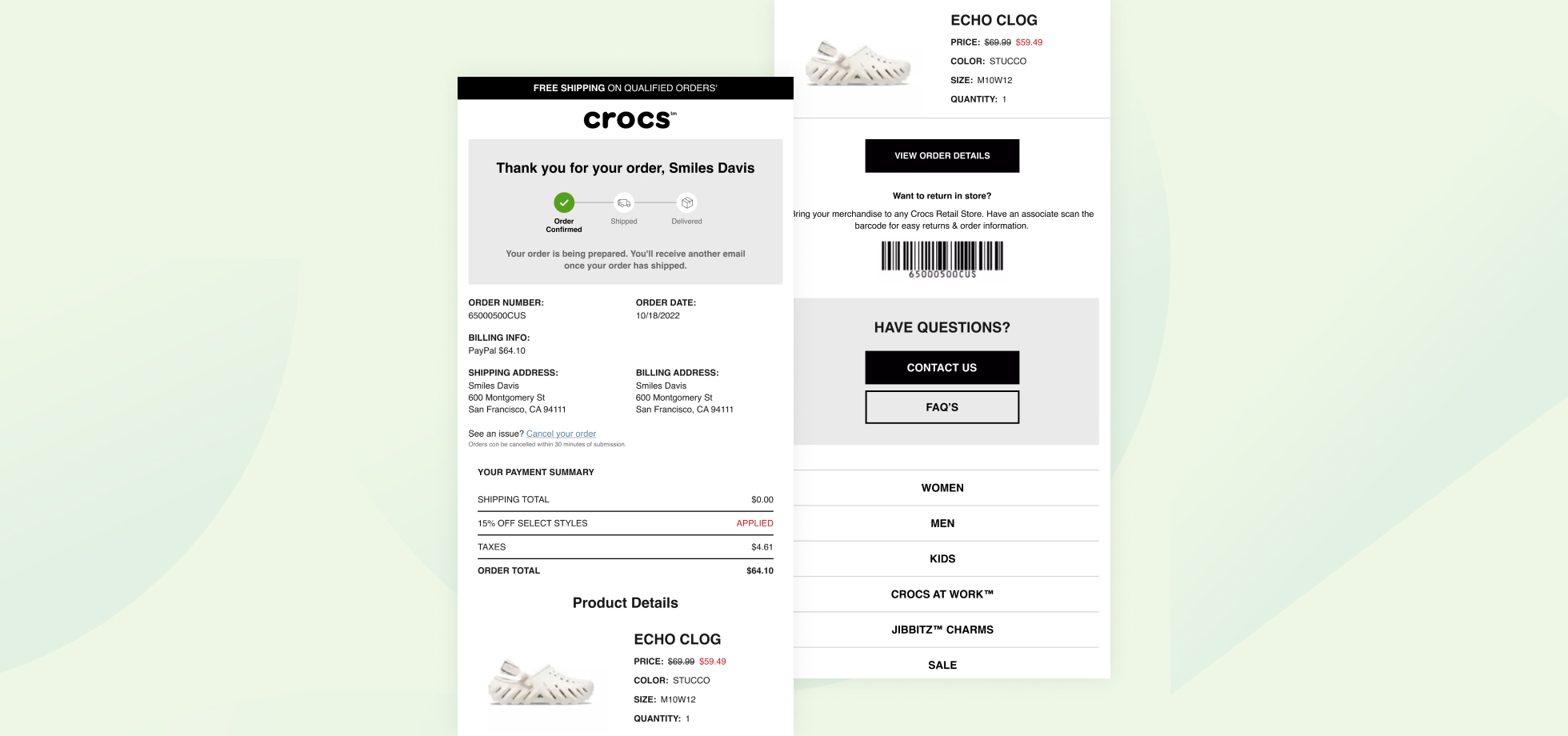 Crocs order confirmation email