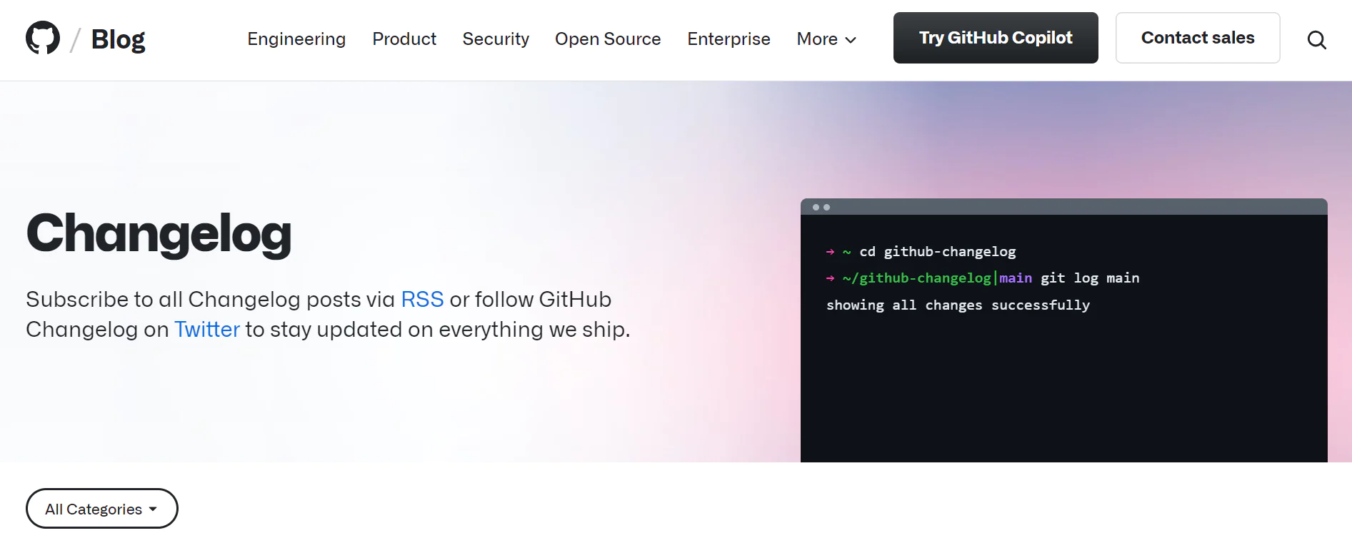 Screenshot of the Github changelog