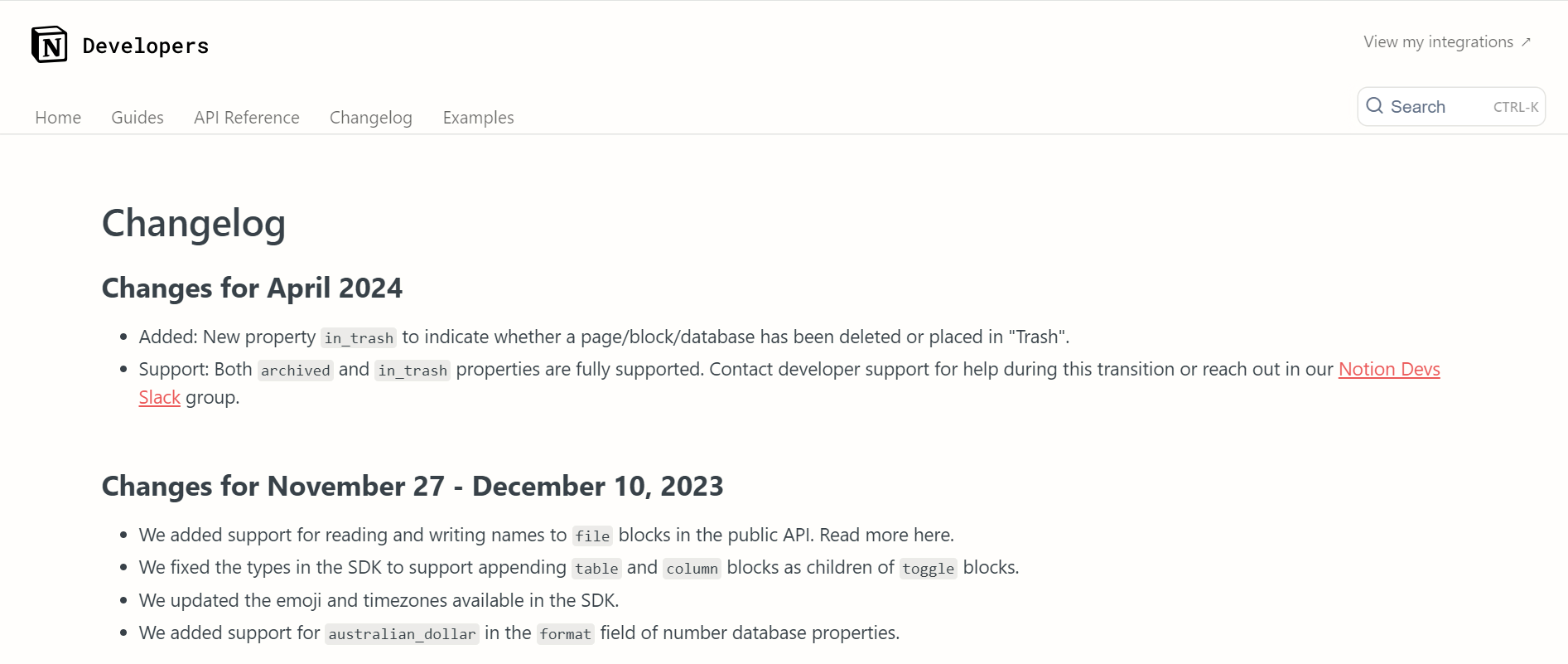 Screenshot of the Notion changelog