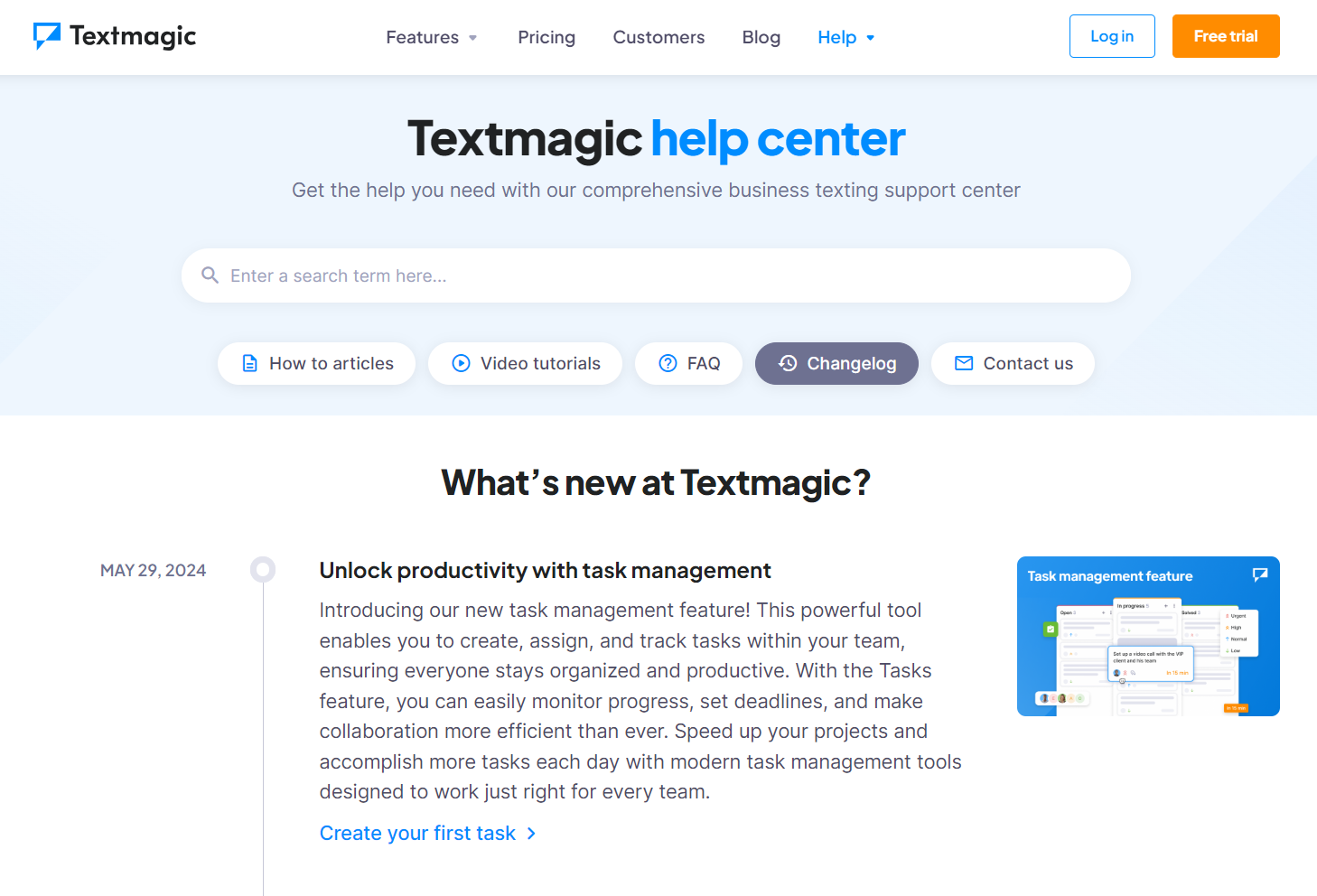 Screenshot of the Textmagic changelog