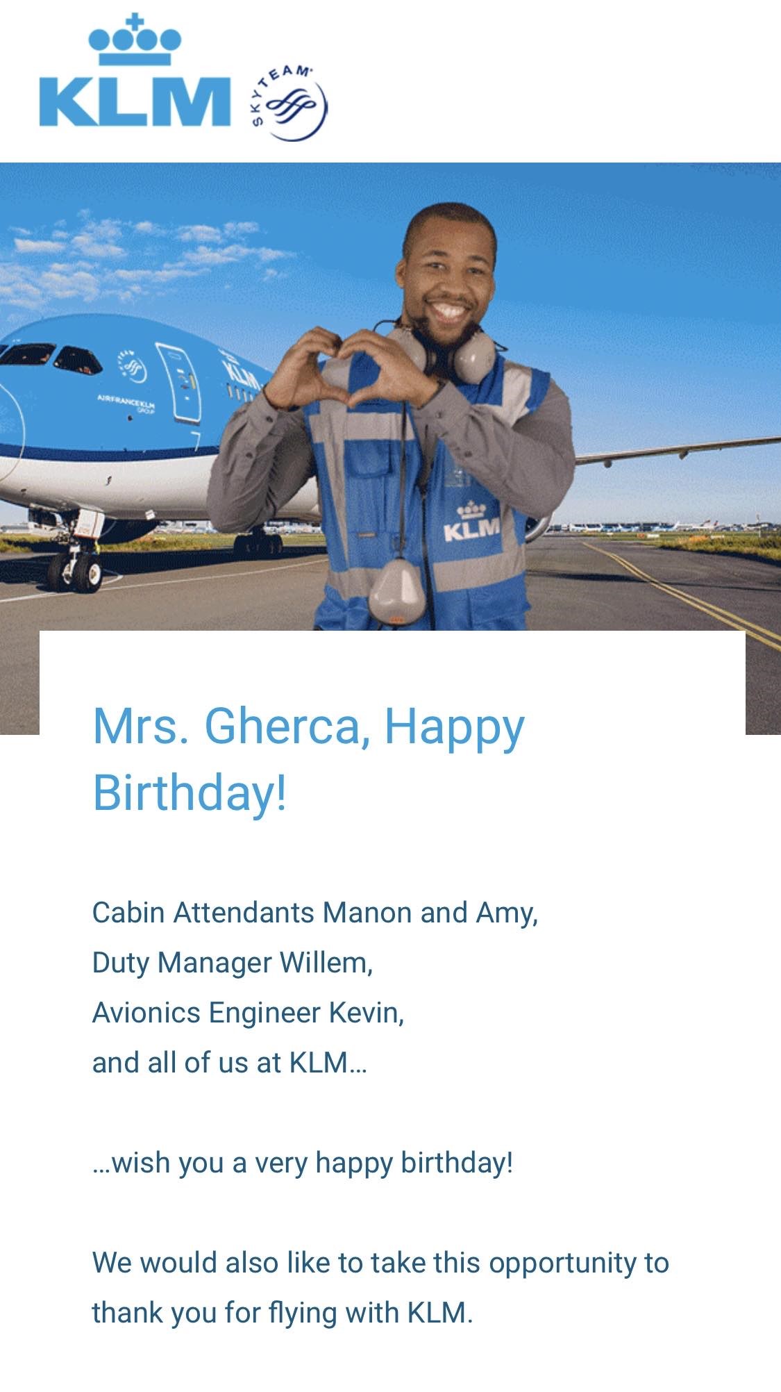 KLM appreciation email