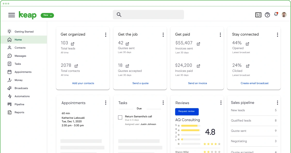 Keap dashboard
