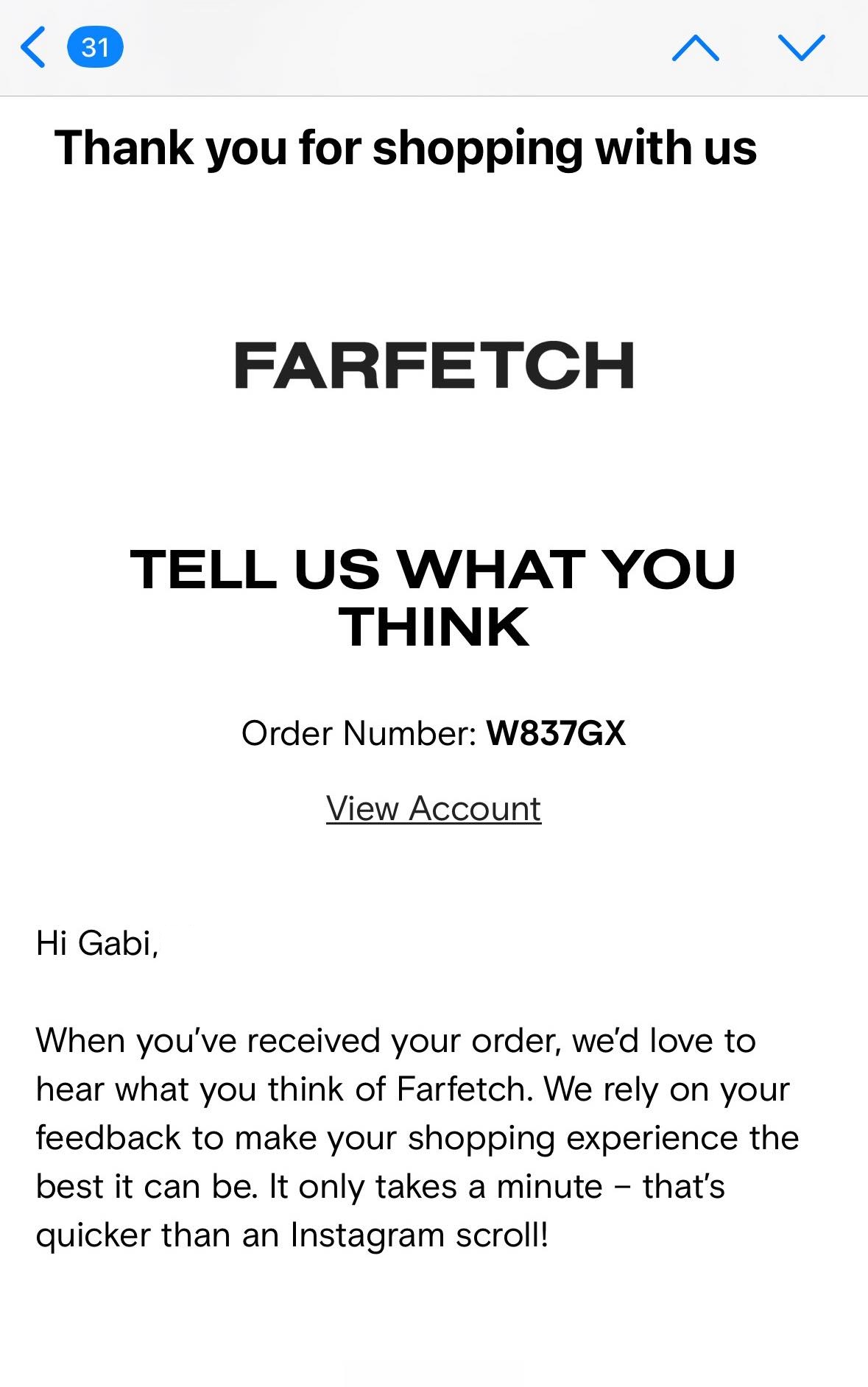 Farfetch appreciation email