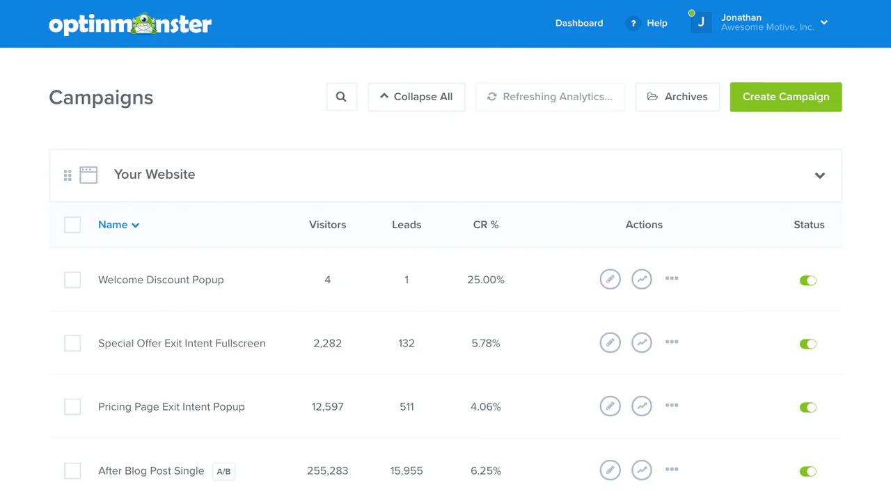 OptinMonster dashboard