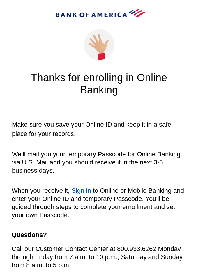 Bank of America business email example