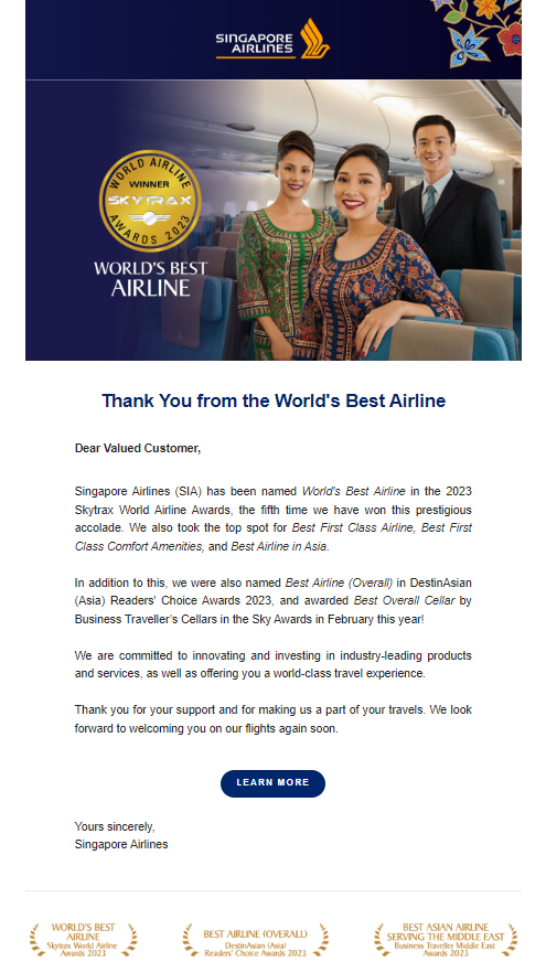 Singapore Airlines business email example