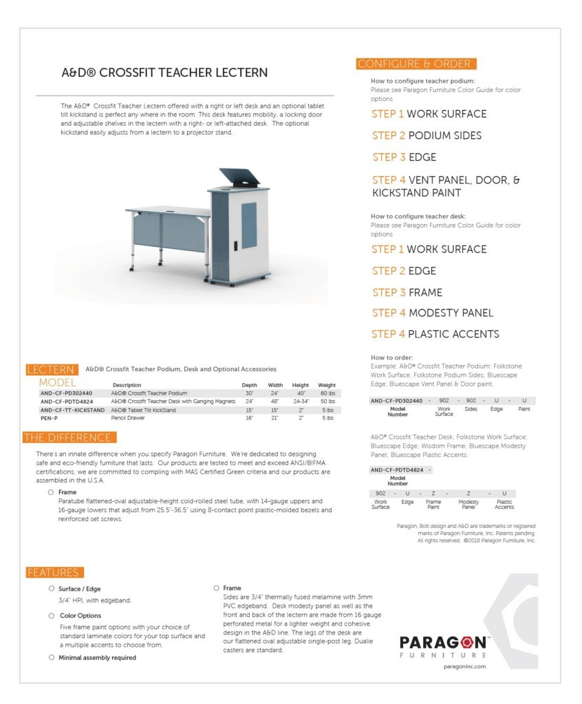 Paragon Furniture sell sheet example