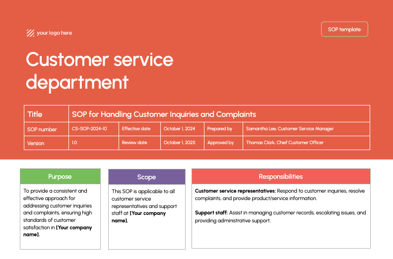 Customer service department SOP template